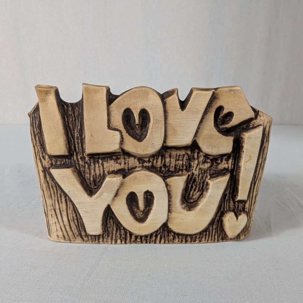 Pompadour I Love You Planter Holder Faux Wood 1960s 1970s Boho Hippie Valentine